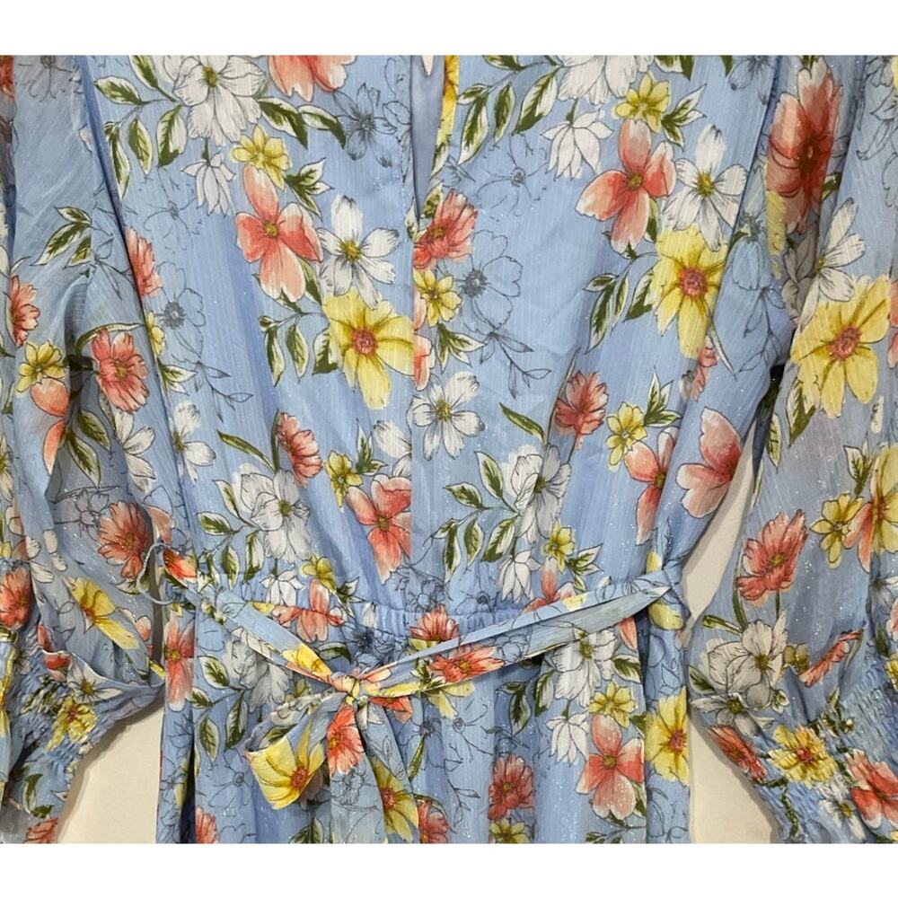 Calvin Klein Blue Belted Ruffle Hem Floral Dress Size 12 Large Gathered Sleeves - Picture 4 of 8